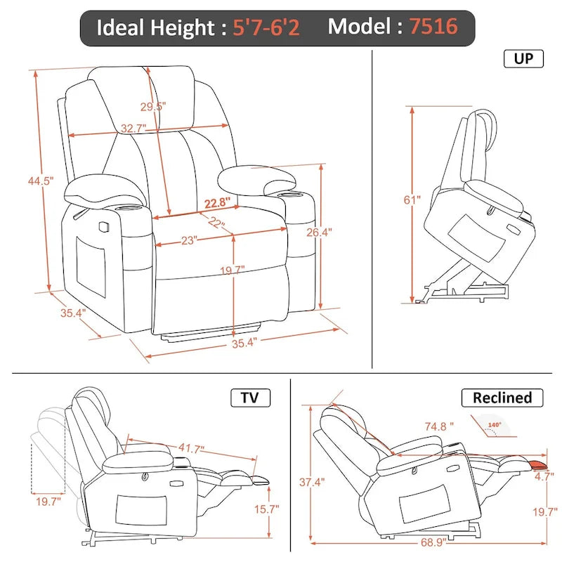Fauteuil inclinable releveur électrique, massage et chauffage lombaire, repose-pieds étendu, ports USB, porte-gobelets, tissu, bleu marine / café / gris / bordeaux / rouge carmin / bleu Yale / moka / beige, utilisation par 1 personne