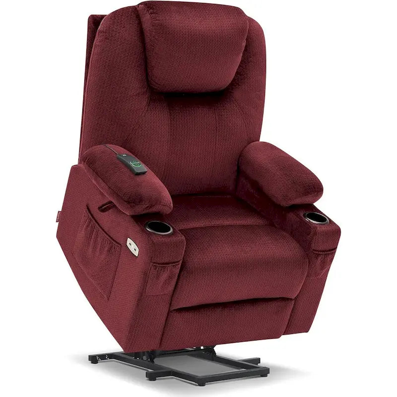 Fauteuil inclinable releveur électrique, massage et chauffage lombaire, repose-pieds étendu, ports USB, porte-gobelets, tissu, bleu marine / café / gris / bordeaux / rouge carmin / bleu Yale / moka / beige, utilisation par 1 personne