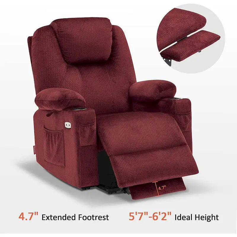 Fauteuil inclinable releveur électrique, massage et chauffage lombaire, repose-pieds étendu, ports USB, porte-gobelets, tissu, bleu marine / café / gris / bordeaux / rouge carmin / bleu Yale / moka / beige, utilisation par 1 personne