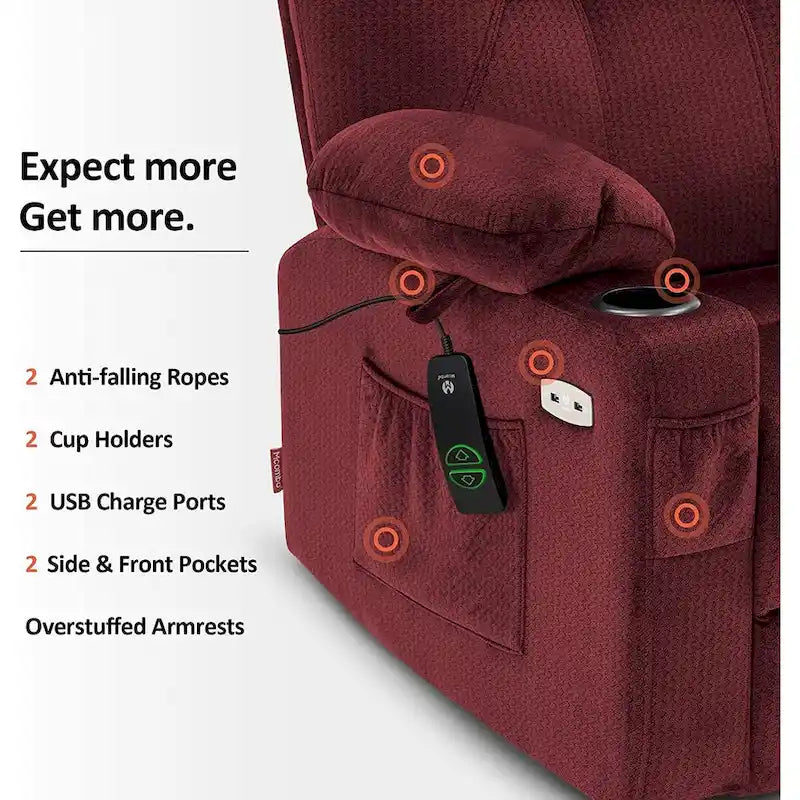 Fauteuil inclinable releveur électrique, massage et chauffage lombaire, repose-pieds étendu, ports USB, porte-gobelets, tissu, bleu marine / café / gris / bordeaux / rouge carmin / bleu Yale / moka / beige, utilisation par 1 personne