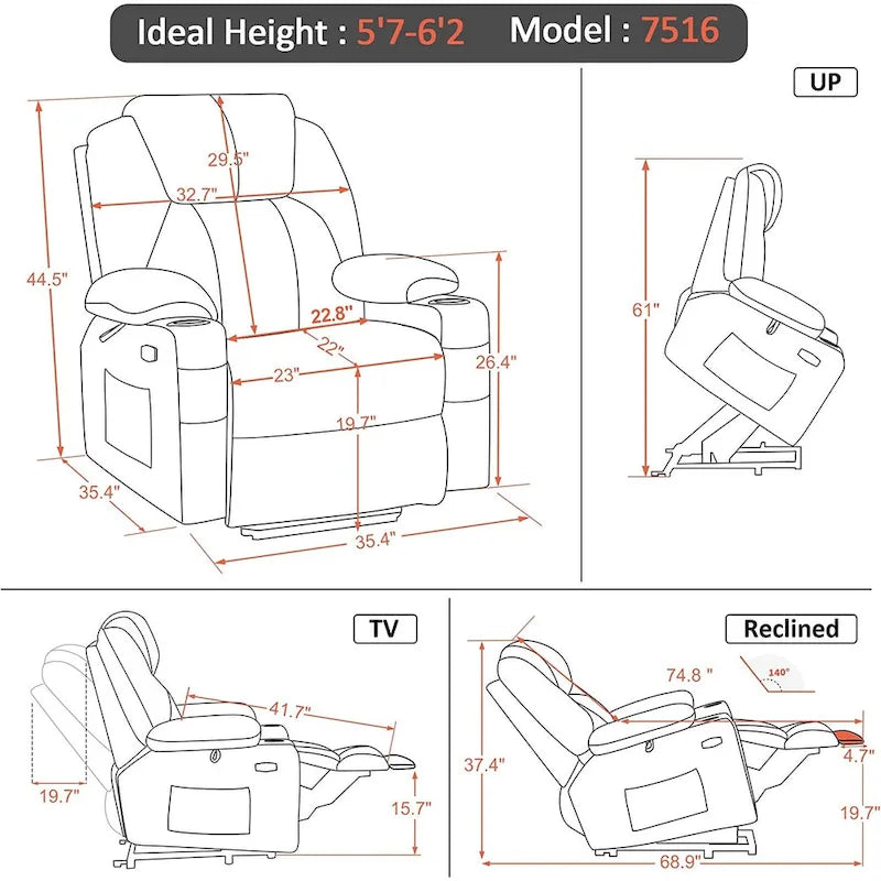 Fauteuil inclinable releveur électrique, massage et chauffage lombaire, repose-pieds étendu, ports USB, porte-gobelets, tissu, bleu marine / café / gris / bordeaux / rouge carmin / bleu Yale / moka / beige, utilisation par 1 personne