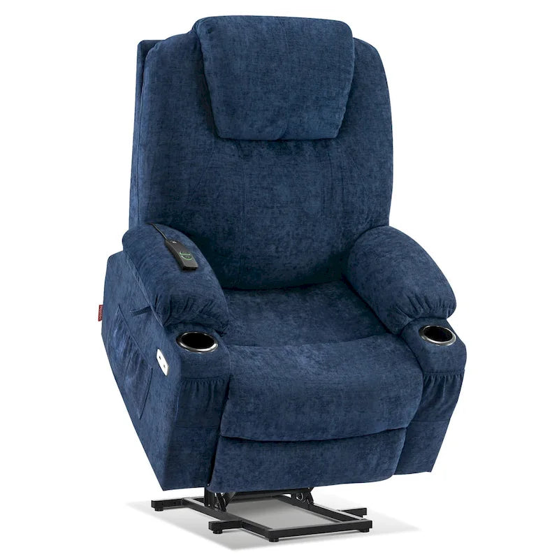 Fauteuil inclinable releveur électrique, massage et chauffage lombaire, repose-pieds étendu, ports USB, porte-gobelets, tissu, bleu marine / café / gris / bordeaux / rouge carmin / bleu Yale / moka / beige, utilisation par 1 personne