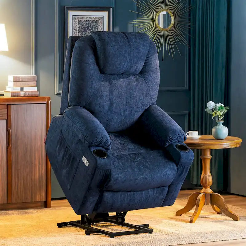 Fauteuil inclinable releveur électrique, massage et chauffage lombaire, repose-pieds étendu, ports USB, porte-gobelets, tissu, bleu marine / café / gris / bordeaux / rouge carmin / bleu Yale / moka / beige, utilisation par 1 personne