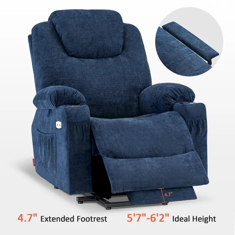 Fauteuil inclinable releveur électrique, massage et chauffage lombaire, repose-pieds étendu, ports USB, porte-gobelets, tissu, bleu marine / café / gris / bordeaux / rouge carmin / bleu Yale / moka / beige, utilisation par 1 personne
