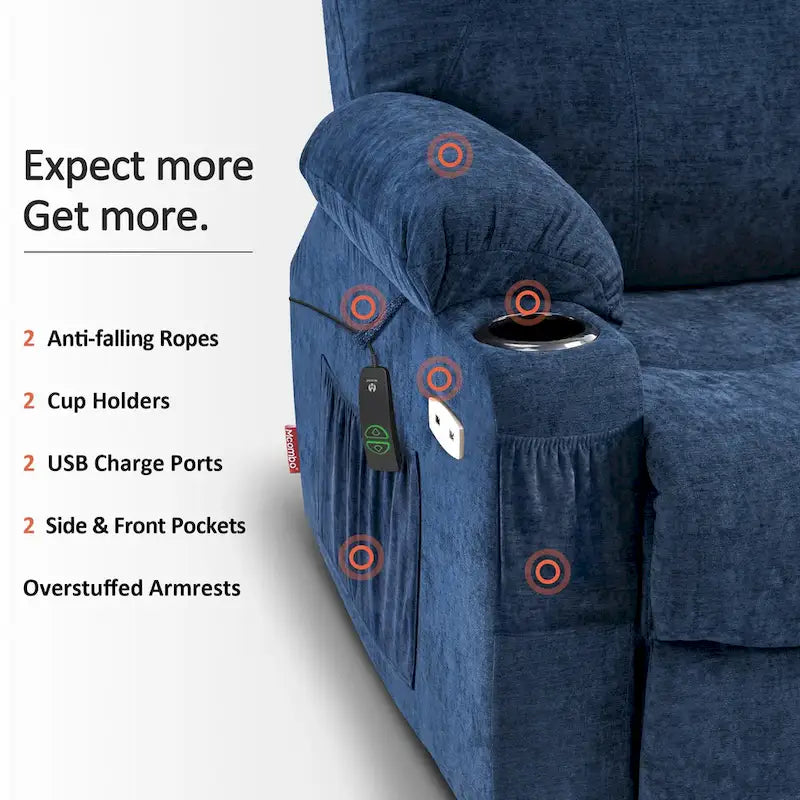 Fauteuil inclinable releveur électrique, massage et chauffage lombaire, repose-pieds étendu, ports USB, porte-gobelets, tissu, bleu marine / café / gris / bordeaux / rouge carmin / bleu Yale / moka / beige, utilisation par 1 personne