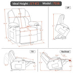 Fauteuil inclinable releveur électrique, massage et chauffage lombaire, repose-pieds étendu, ports USB, porte-gobelets, tissu, bleu marine / café / gris / bordeaux / rouge carmin / bleu Yale / moka / beige, utilisation par 1 personne