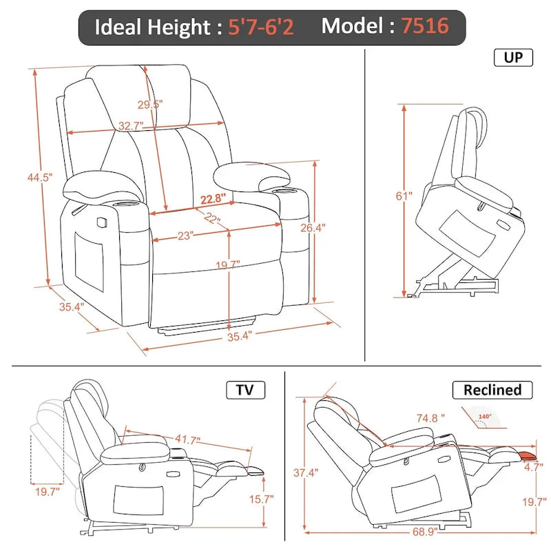 Fauteuil inclinable releveur électrique, massage et chauffage lombaire, repose-pieds étendu, ports USB, porte-gobelets, tissu, bleu marine / café / gris / bordeaux / rouge carmin / bleu Yale / moka / beige, utilisation par 1 personne