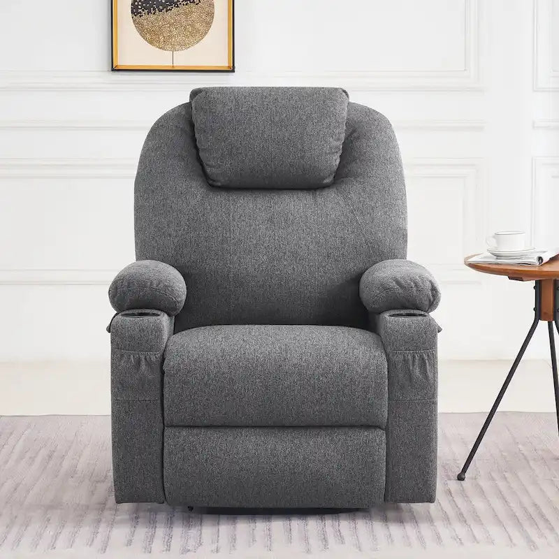 Fauteuil inclinable releveur électrique, massage et chauffage lombaire, repose-pieds étendu, ports USB, porte-gobelets, tissu, bleu marine / café / gris / bordeaux / rouge carmin / bleu Yale / moka / beige, utilisation par 1 personne
