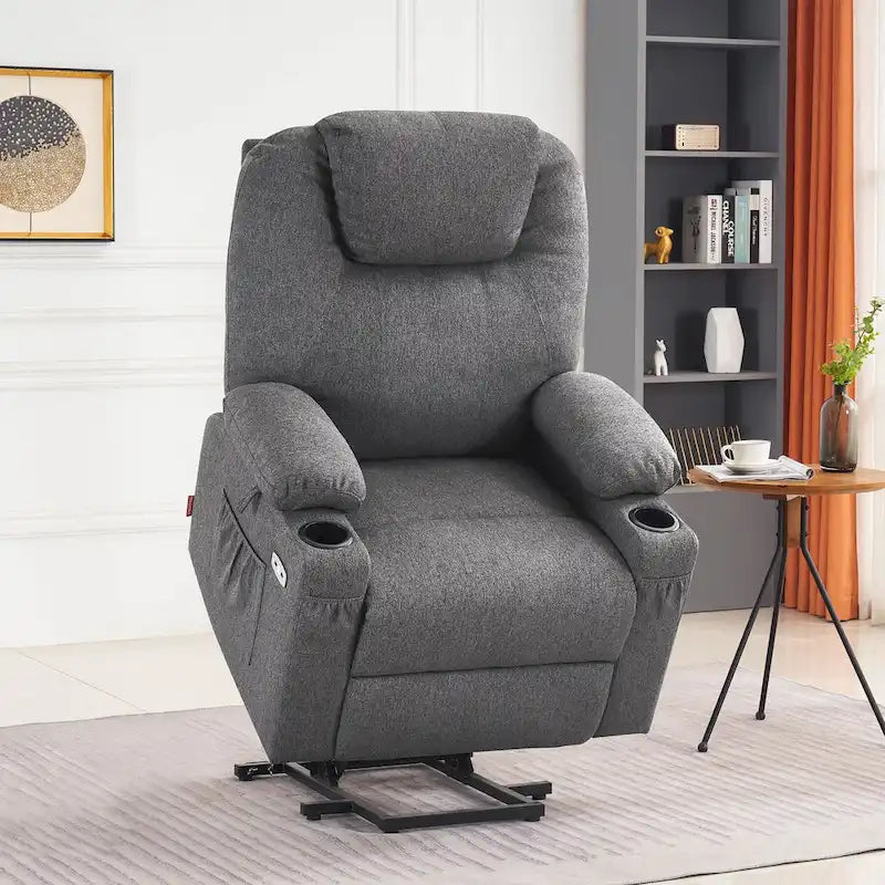 Fauteuil inclinable releveur électrique, massage et chauffage lombaire, repose-pieds étendu, ports USB, porte-gobelets, tissu, bleu marine / café / gris / bordeaux / rouge carmin / bleu Yale / moka / beige, utilisation par 1 personne