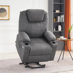 Fauteuil inclinable releveur électrique, massage et chauffage lombaire, repose-pieds étendu, ports USB, porte-gobelets, tissu, bleu marine / café / gris / bordeaux / rouge carmin / bleu Yale / moka / beige, utilisation par 1 personne