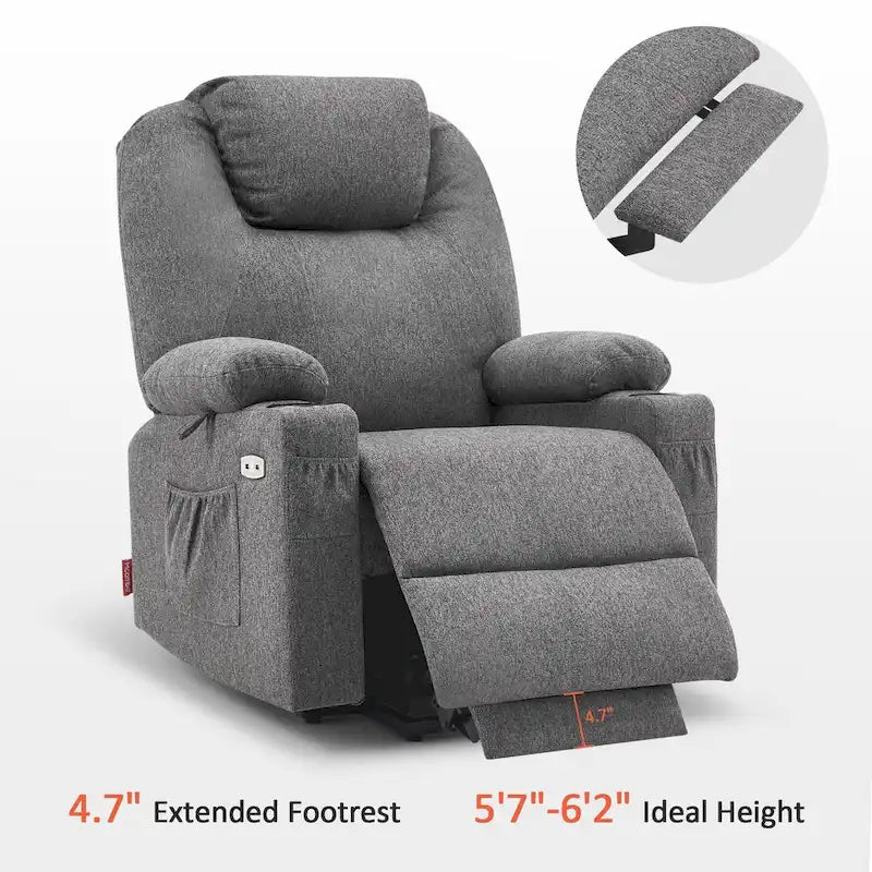 Fauteuil inclinable releveur électrique, massage et chauffage lombaire, repose-pieds étendu, ports USB, porte-gobelets, tissu, bleu marine / café / gris / bordeaux / rouge carmin / bleu Yale / moka / beige, utilisation par 1 personne