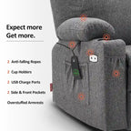 Fauteuil inclinable releveur électrique, massage et chauffage lombaire, repose-pieds étendu, ports USB, porte-gobelets, tissu, bleu marine / café / gris / bordeaux / rouge carmin / bleu Yale / moka / beige, utilisation par 1 personne