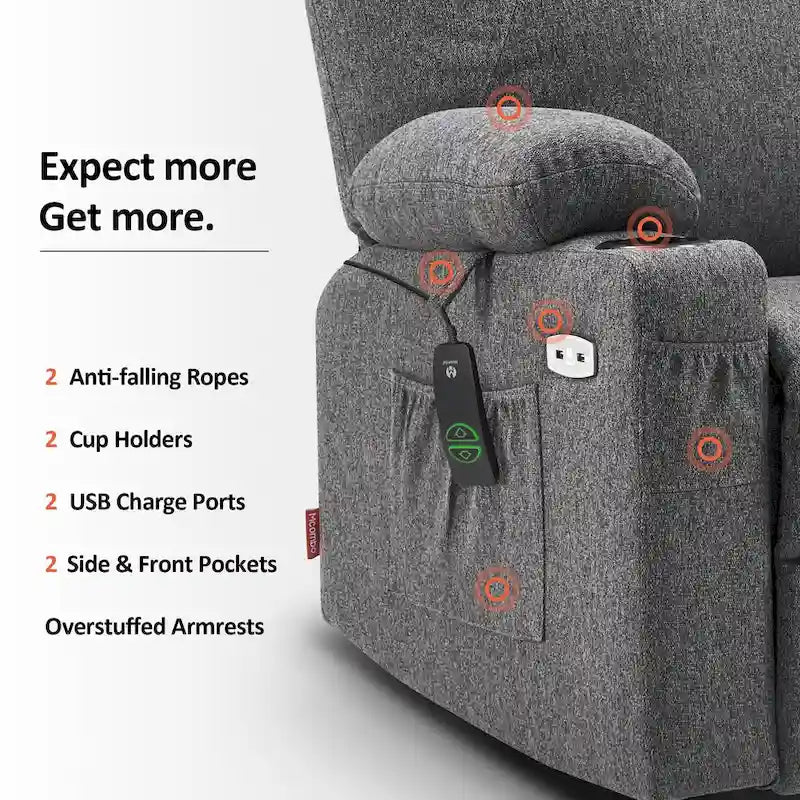 Fauteuil inclinable releveur électrique, massage et chauffage lombaire, repose-pieds étendu, ports USB, porte-gobelets, tissu, bleu marine / café / gris / bordeaux / rouge carmin / bleu Yale / moka / beige, utilisation par 1 personne