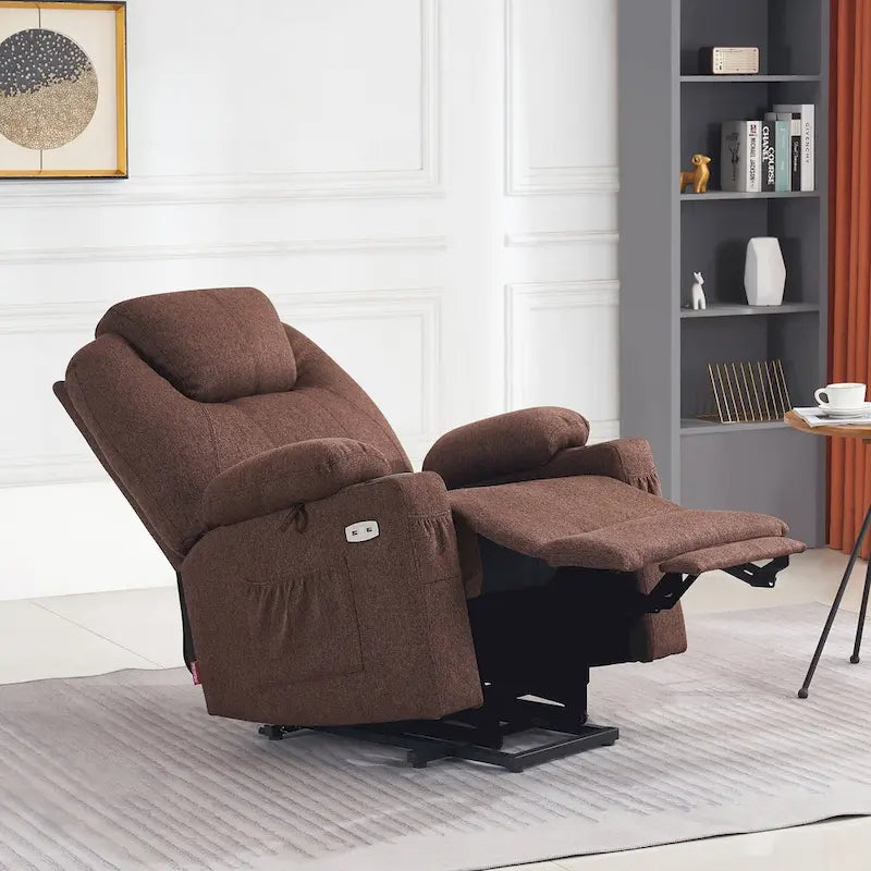 Fauteuil inclinable releveur électrique, massage et chauffage lombaire, repose-pieds étendu, ports USB, porte-gobelets, tissu, bleu marine / café / gris / bordeaux / rouge carmin / bleu Yale / moka / beige, utilisation par 1 personne