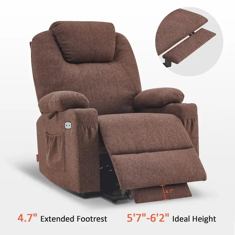 Fauteuil inclinable releveur électrique, massage et chauffage lombaire, repose-pieds étendu, ports USB, porte-gobelets, tissu, bleu marine / café / gris / bordeaux / rouge carmin / bleu Yale / moka / beige, utilisation par 1 personne