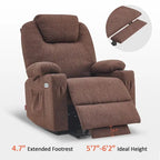Fauteuil inclinable releveur électrique, massage et chauffage lombaire, repose-pieds étendu, ports USB, porte-gobelets, tissu, bleu marine / café / gris / bordeaux / rouge carmin / bleu Yale / moka / beige, utilisation par 1 personne