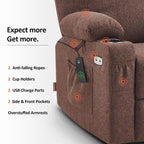 Fauteuil inclinable releveur électrique, massage et chauffage lombaire, repose-pieds étendu, ports USB, porte-gobelets, tissu, bleu marine / café / gris / bordeaux / rouge carmin / bleu Yale / moka / beige, utilisation par 1 personne