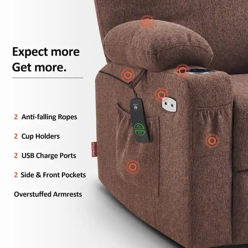 Fauteuil inclinable releveur électrique, massage et chauffage lombaire, repose-pieds étendu, ports USB, porte-gobelets, tissu, bleu marine / café / gris / bordeaux / rouge carmin / bleu Yale / moka / beige, utilisation par 1 personne