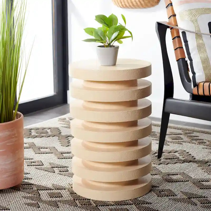Table d'appoint empilable en forme de disque, design sculptural, plateau rond, vert / blanc / crème, pour 1 personne