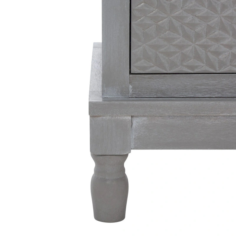 Meuble TV de 120 cm, 2 portes, 1 étagère, détails de porte texturés, finition vieillie, gris blanchi, utilisation par 1 personne