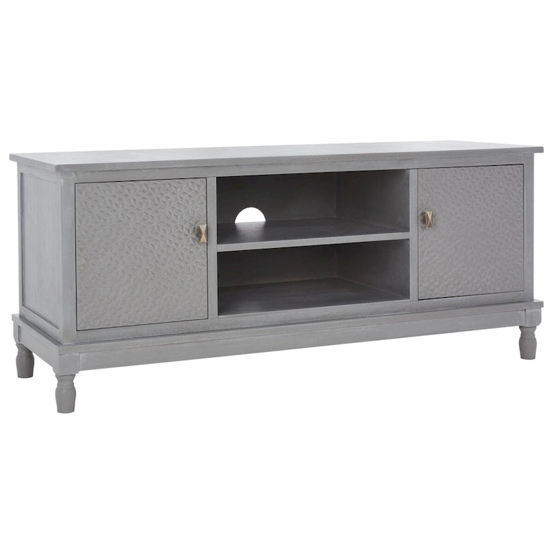 Meuble TV de 120 cm, 2 portes, 1 étagère, détails de porte texturés, finition vieillie, gris blanchi, utilisation par 1 personne