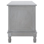 Meuble TV de 120 cm, 2 portes, 1 étagère, détails de porte texturés, finition vieillie, gris blanchi, utilisation par 1 personne