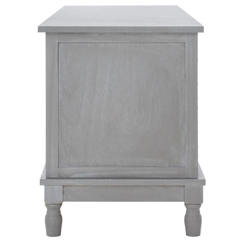 Meuble TV de 120 cm, 2 portes, 1 étagère, détails de porte texturés, finition vieillie, gris blanchi, utilisation par 1 personne