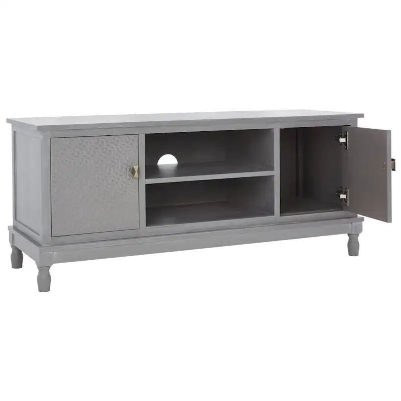 Meuble TV de 120 cm, 2 portes, 1 étagère, détails de porte texturés, finition vieillie, gris blanchi, utilisation par 1 personne