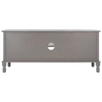 Meuble TV de 120 cm, 2 portes, 1 étagère, détails de porte texturés, finition vieillie, gris blanchi, utilisation par 1 personne