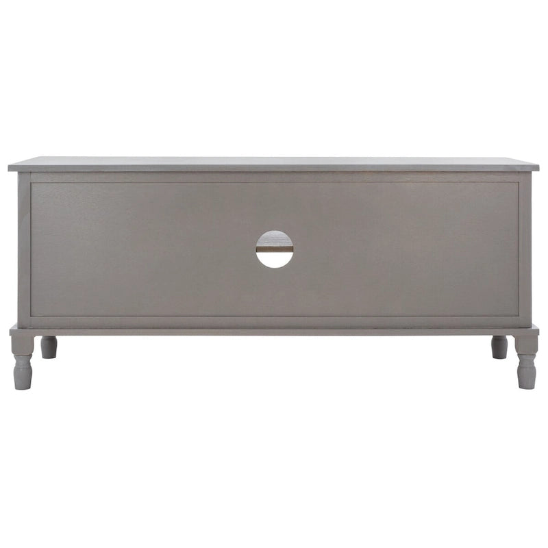 Meuble TV de 120 cm, 2 portes, 1 étagère, détails de porte texturés, finition vieillie, gris blanchi, utilisation par 1 personne