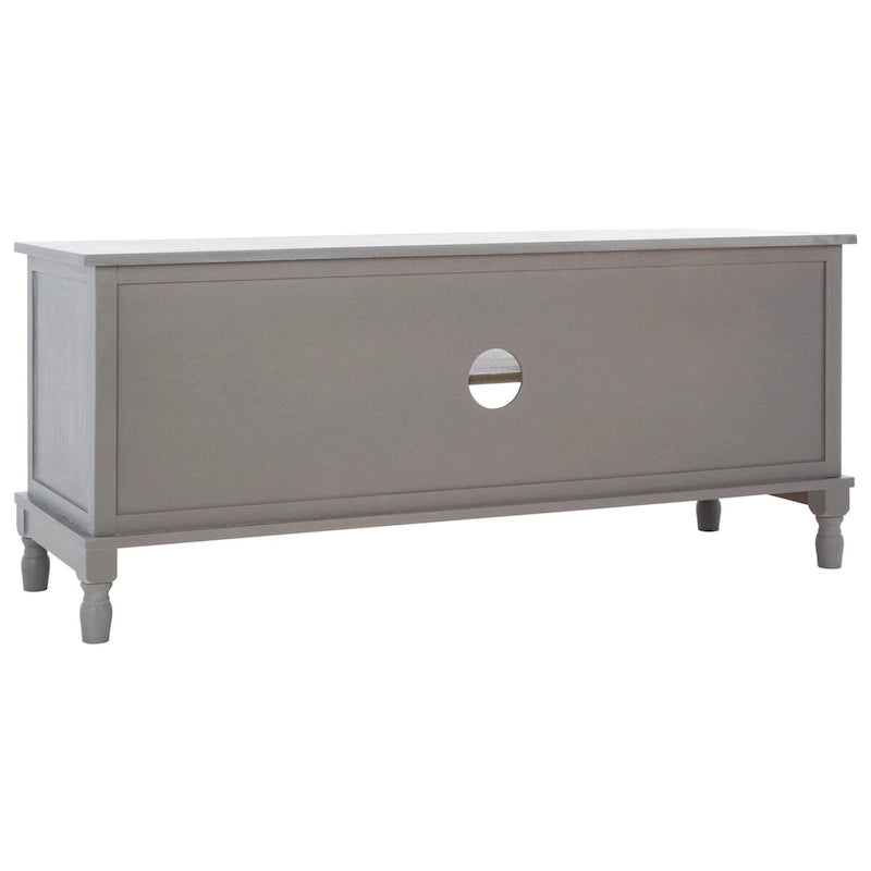 Meuble TV de 120 cm, 2 portes, 1 étagère, détails de porte texturés, finition vieillie, gris blanchi, utilisation par 1 personne