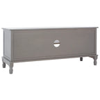 Meuble TV de 120 cm, 2 portes, 1 étagère, détails de porte texturés, finition vieillie, gris blanchi, utilisation par 1 personne