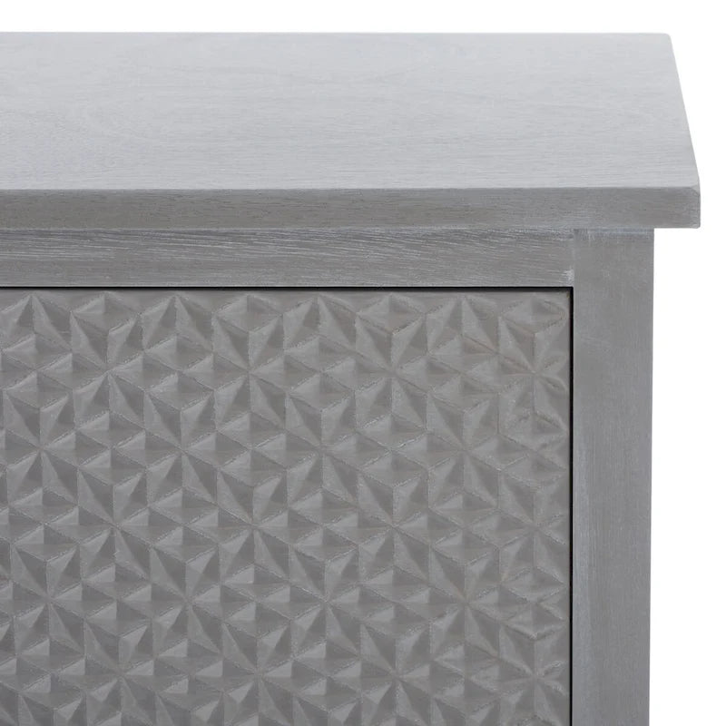 Meuble TV de 120 cm, 2 portes, 1 étagère, détails de porte texturés, finition vieillie, gris blanchi, utilisation par 1 personne