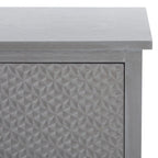 Meuble TV de 120 cm, 2 portes, 1 étagère, détails de porte texturés, finition vieillie, gris blanchi, utilisation par 1 personne