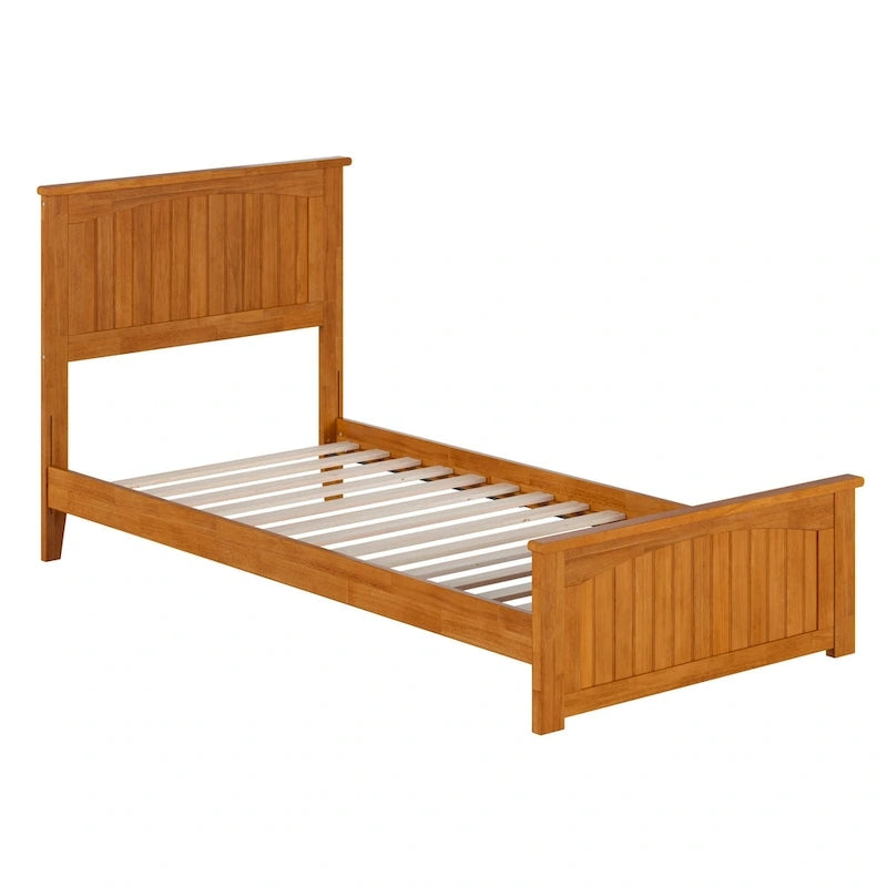 Lit plateforme profil bas, tête de lit à panneaux rainurés, pied de lit assorti, lattes en bois, 2 ports USB, bois massif, couleur Toffee Clair, Twin XL, 1 personne