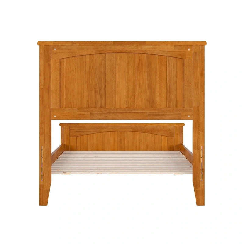 Lit plateforme profil bas, tête de lit à panneaux rainurés, pied de lit assorti, lattes en bois, 2 ports USB, bois massif, couleur Toffee Clair, Twin XL, 1 personne