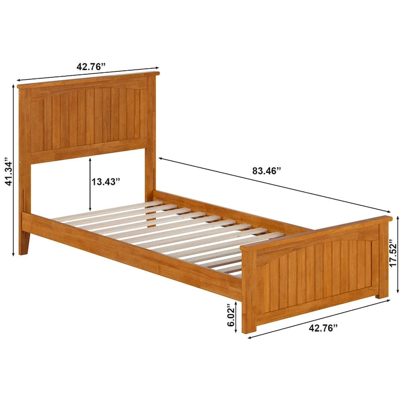 Lit plateforme profil bas, tête de lit à panneaux rainurés, pied de lit assorti, lattes en bois, 2 ports USB, bois massif, couleur Toffee Clair, Twin XL, 1 personne
