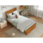 Lit plateforme profil bas, tête de lit à panneaux rainurés, pied de lit assorti, lattes en bois, 2 ports USB, bois massif, couleur Toffee Clair, Twin XL, 1 personne