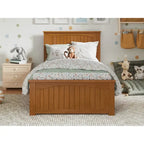 Lit plateforme profil bas, tête de lit à panneaux rainurés, pied de lit assorti, lattes en bois, 2 ports USB, bois massif, couleur Toffee Clair, Twin XL, 1 personne