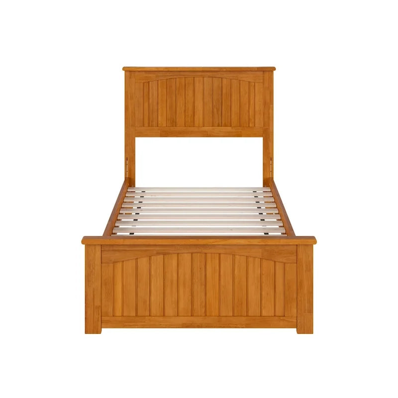 Lit plateforme profil bas, tête de lit à panneaux rainurés, pied de lit assorti, lattes en bois, 2 ports USB, bois massif, couleur Toffee Clair, Twin XL, 1 personne
