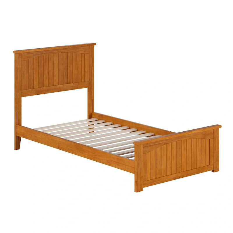 Lit plateforme profil bas, tête de lit à panneaux rainurés, pied de lit assorti, lattes en bois, 2 ports USB, bois massif, couleur Toffee Clair, Twin XL, 1 personne