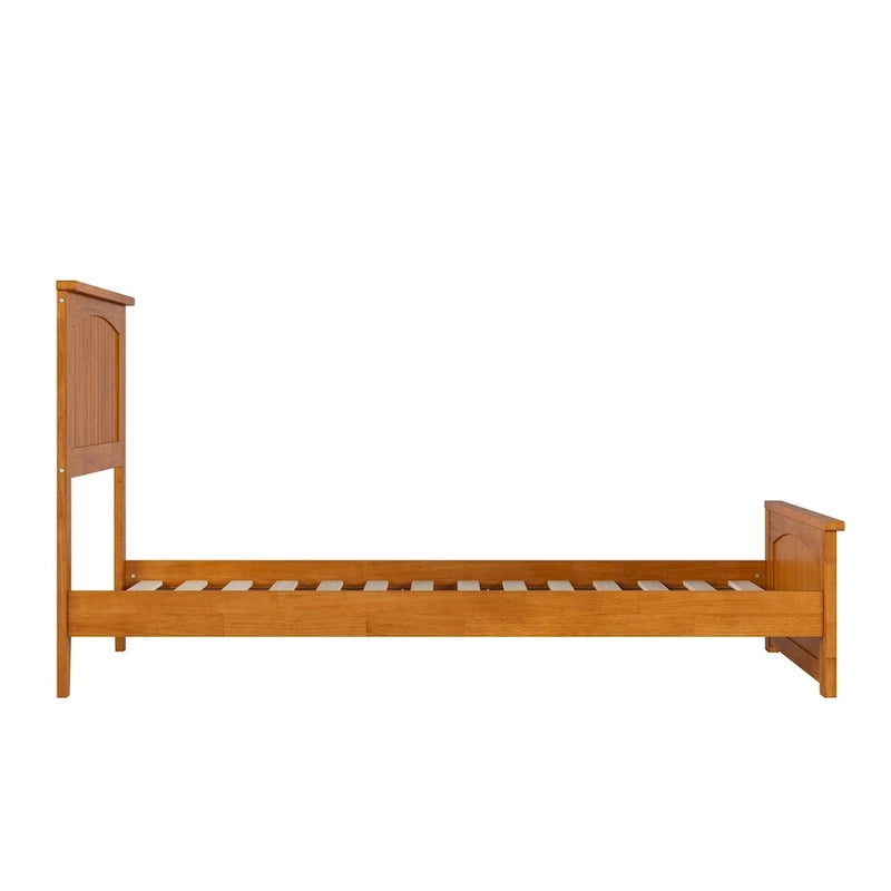 Lit plateforme profil bas, tête de lit à panneaux rainurés, pied de lit assorti, lattes en bois, 2 ports USB, bois massif, couleur Toffee Clair, Twin XL, 1 personne