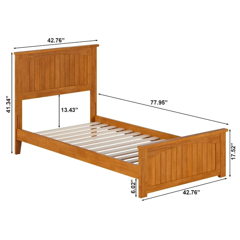 Lit plateforme profil bas, tête de lit à panneaux rainurés, pied de lit assorti, lattes en bois, 2 ports USB, bois massif, couleur Toffee Clair, Twin XL, 1 personne
