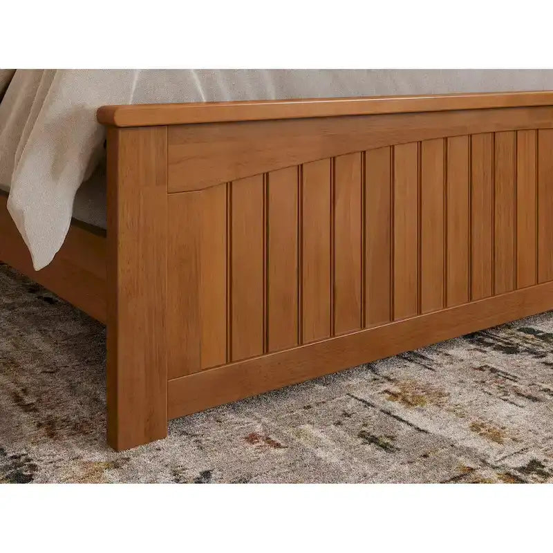 Lit plateforme profil bas, tête de lit à panneaux rainurés, pied de lit assorti, lattes en bois, 2 ports USB, bois massif, couleur Toffee Clair, Twin XL, 1 personne