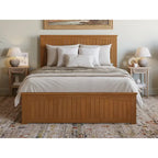 Lit plateforme profil bas, tête de lit à panneaux rainurés, pied de lit assorti, lattes en bois, 2 ports USB, bois massif, couleur Toffee Clair, Twin XL, 1 personne
