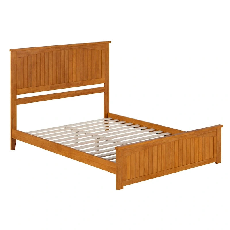 Lit plateforme profil bas, tête de lit à panneaux rainurés, pied de lit assorti, lattes en bois, 2 ports USB, bois massif, couleur Toffee Clair, Twin XL, 1 personne