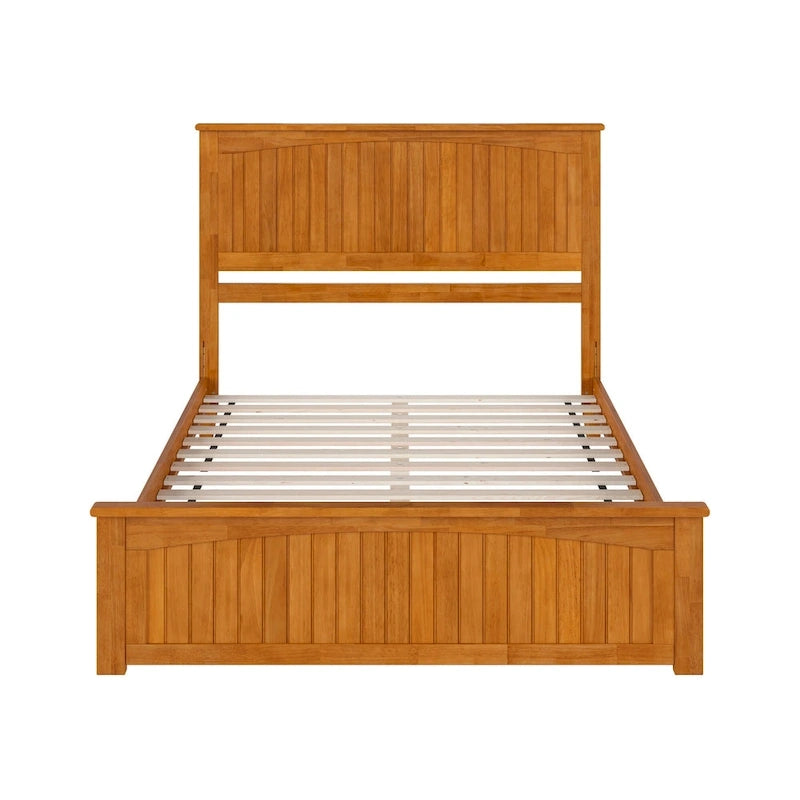 Lit plateforme profil bas, tête de lit à panneaux rainurés, pied de lit assorti, lattes en bois, 2 ports USB, bois massif, couleur Toffee Clair, Twin XL, 1 personne