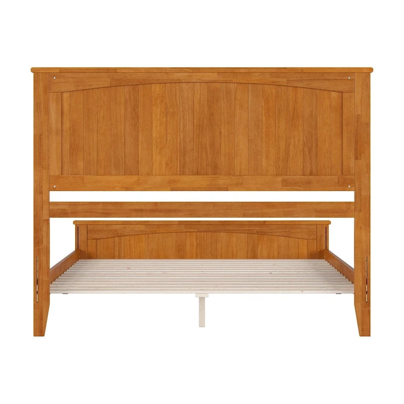 Lit plateforme profil bas, tête de lit à panneaux rainurés, pied de lit assorti, lattes en bois, 2 ports USB, bois massif, couleur Toffee Clair, Twin XL, 1 personne