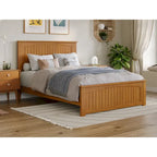 Lit plateforme profil bas, tête de lit à panneaux rainurés, pied de lit assorti, lattes en bois, 2 ports USB, bois massif, couleur Toffee Clair, Twin XL, 1 personne