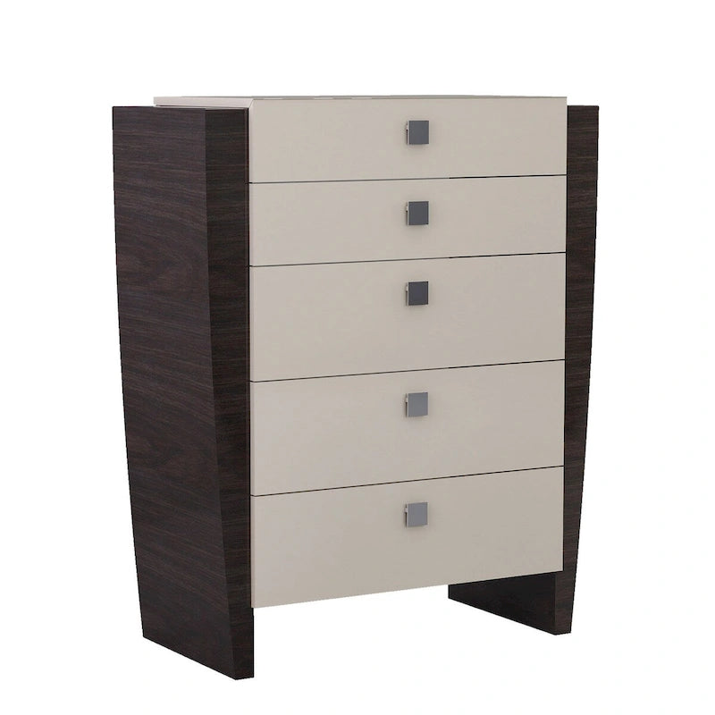 Commode haute 6 tiroirs, finition brillante, style moderne, construction en bois, beige, usage individuel